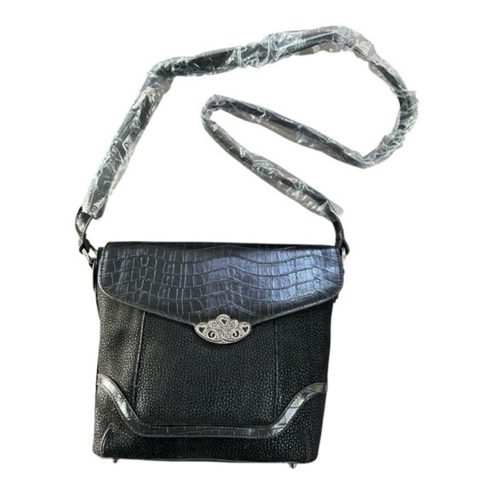 Coldwater Creek NWOT Black Suede Vegan Leather Croc Crossbody Silver Har…